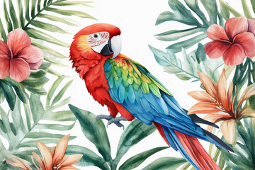 Obraz premium A colorful watercolor of a macaw resting among tropical leaves and jungle flowers. The bird vibrant red, blue, and green feathers are hand-painted with care, isolated on a white background, ideal