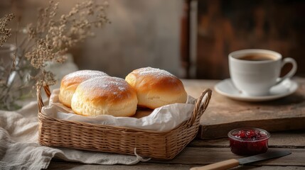 Basket of brioche rolls topped with powdered sugar, accompanied by a jar of jam and a cup of coffee on a rustic table setting