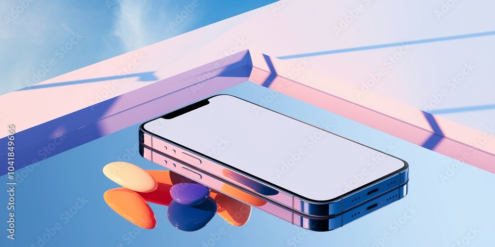 Aufkleber smartphone mockup on reflective surface with colorful accents. modern smartphone with blank screen d
