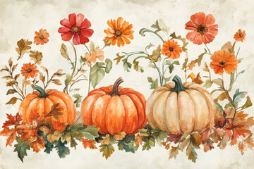 A charming watercolor collection of pumpkins alongside colorful flowers and leafy greens, all set against an isolated background. The vibrant hues and festive elements evoke the spirit of fall, making