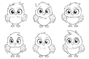 art, nine cute and friendly hawks with big eyes and translucent bodies, smoothe and simple lines, animation, outline only for coloring book, basic and minimalistic features