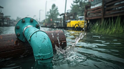 Flooded City Street After Intense Rainstorm with Pooled Water and Emergency Vehicles