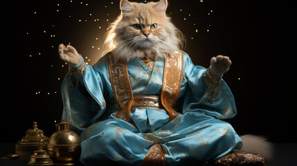 Fluffy cat in ornate robes meditating with glowing energy in a mystical, starry space