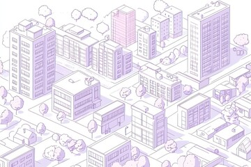 axenometric line drawing of a town. There are houses, some tall buildings, parks, trees. minimalistic style
