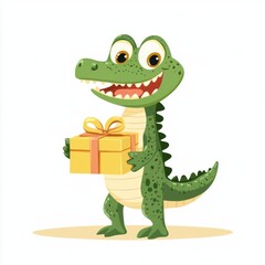 Naklejka premium Cute alligator holding a gift box isolated over white background.