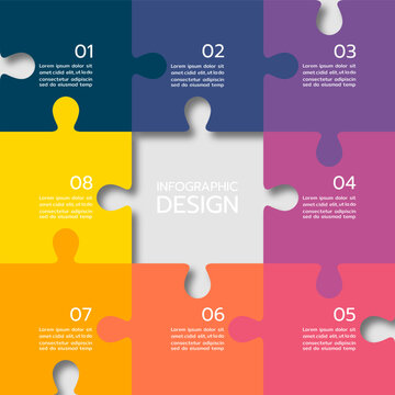 Puzzle infographic with the eight-piece business presentation. Circle infographics. 8-step puzzle round process diagram.