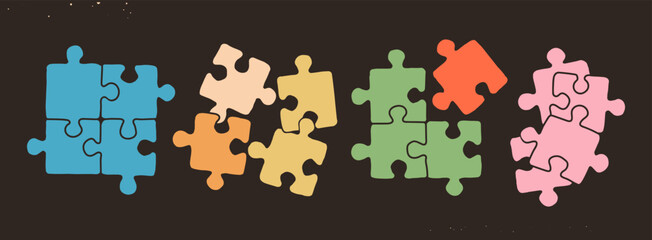 Colorful jigsaw Puzzle. Different shapes. Hand drawn modern Vector illustration. Various colorful pieces. Piecing together. Isolated design elements