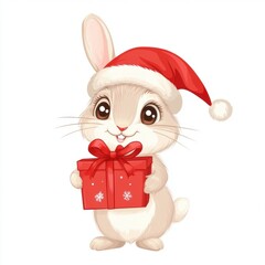 Cute rabbit wearing Christmas cap holding a gift box isolated over white background.