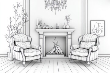black and white coloring picture of two soft armchairs, turned with their backs to the fireplace on a white background. Minimum of objects. Minimum of decor on the walls.