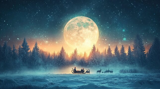 Santa Claus in a sleigh with reindeer flies over the earth in the night starry sky with an amazing big moon with snow. Magic and Happy New Year 2025, concept. with generative ai