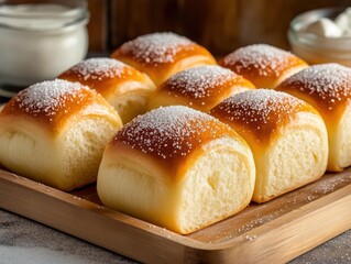 Soft, sweet brioche rolls topped with sugar crystals, arranged on a bakery tray in a traditional French patisserie