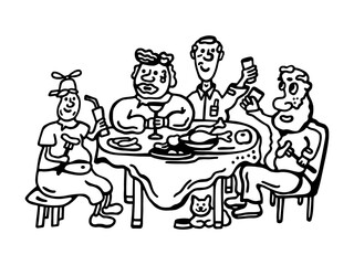 A playful illustration of a family  gathered around a table enjoying a meal together, with cartoon-style characters and a cozy dining atmosphere