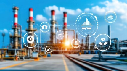 Fototapeta premium Sunset Over Bustling Industrial Landscape With Refinery Smokestacks and Power Plant