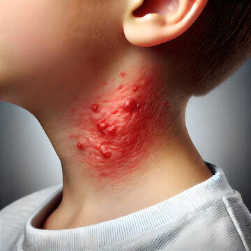 Swollen lymph nodes in a child's neck due to an infection such as a common cold or strep throat. focus on the visible swelling under the skin, with mild redness around the affected area.