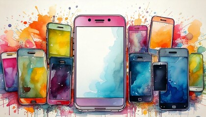watercolor thematic artistic photo of mobile phones with empty copy space in the middle 