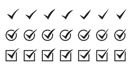 Check or tick icons set. Check symbol isolated bundle. set of black check or tick icons mark. symbol, sign, yes, right, check box, correct mark, accept checkmark, tick box icons.