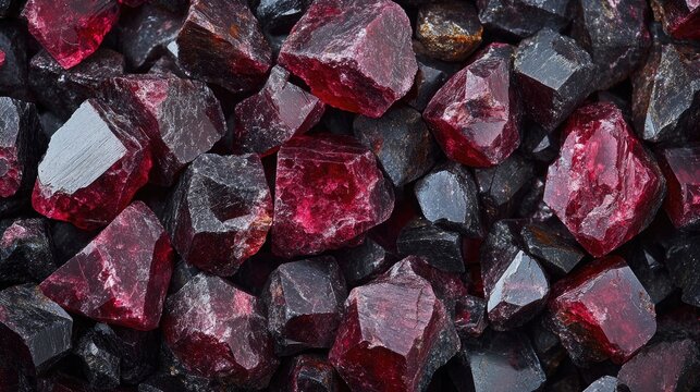 Raw garnet stones reveal their rich color and coarse texture, capturing the natural essence of the mineral.