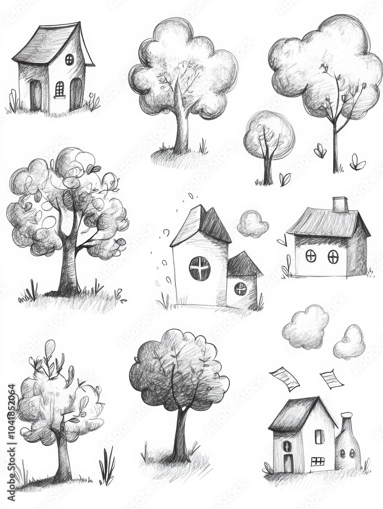 Poster this collection features playful pencil sketches of trees, clouds, and houses, each depicted in a ch