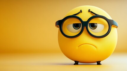 Sad Emoji with Glasses on Yellow Background   Disappointed  Unhappy  Expression  Cartoon C