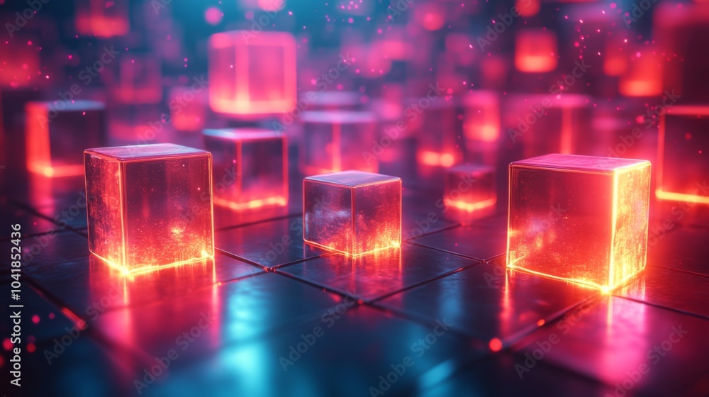 Poster the vibrant scene features glowing neon cubes scattered across a futuristic landscape, radiating col
