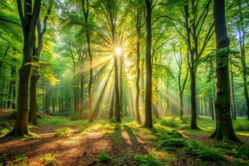 Obraz premium A tranquil forest with sunlit dappled light filtering through the leaves, solitude, shaded