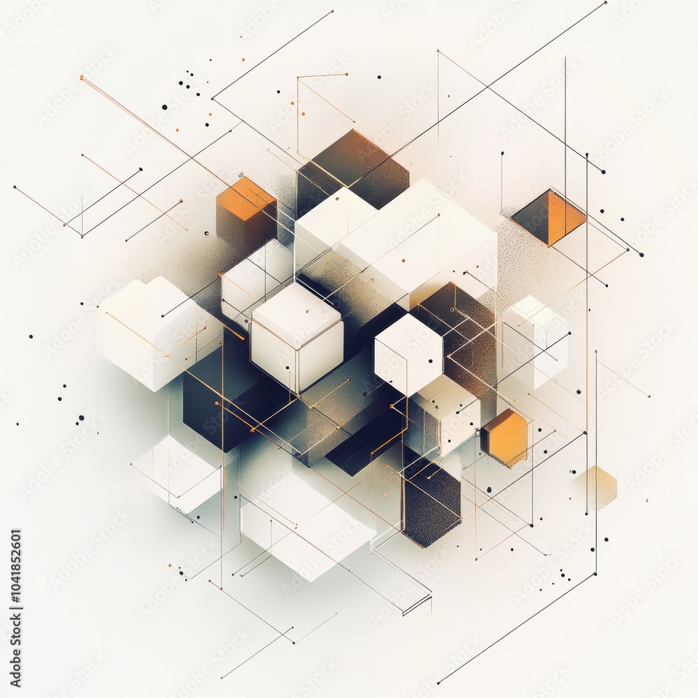 Poster Cubes of different sizes and shades are interconnected by diagonal lines on a soft, light background, creating an abstract design. Generative AI