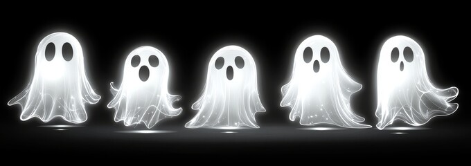 Obraz premium Five cute white ghosts in various poses with glowing light effects on a black background, designed in a clipart vector style.