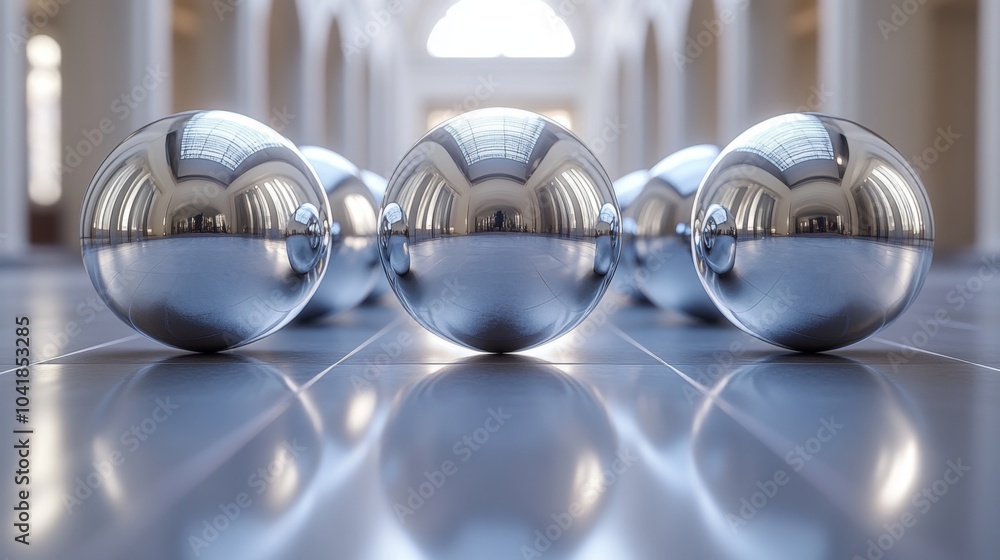 Poster reflective metallic spheres are artfully positioned on a polished floor in a beautifully designed in