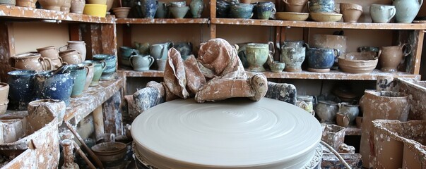 A pottery studio filled with various ceramic pieces and tools for crafting pottery.