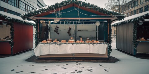 Naklejka premium Abandoned Christmas Market Stand in Winter Setting