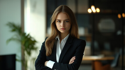 A young woman in a business suit, standing confidently with arms crossed, strong eye contact, well-lit modern office in the background, showing assertiveness and leadership