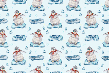 seamless watercolor pattern. cute penguins are playing on crisis. little penguins for the holidays.   Christmas. animals on Christmas