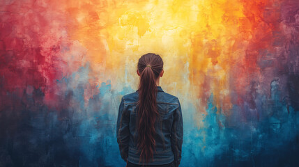 Fototapeta premium A young girl admires a vibrant watercolor mural, perfect for World Autism Awareness Day materials, evoking wonder and introspection in an urban setting.