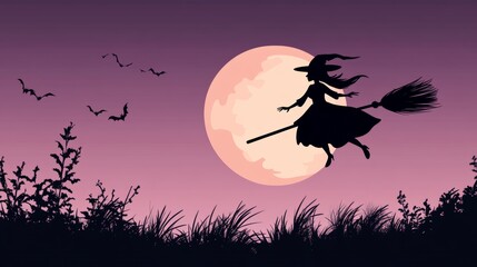 Background illustration featuring a simple silhouette of a witch on a broomstick against a moon, set against a minimal gradient sky with ample copy space