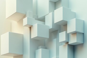 Naklejka premium Cubes of different sizes and shades are interconnected by diagonal lines against a soft light background, forming an intricate design. Generative AI