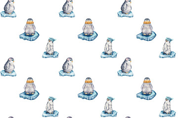 seamless watercolor pattern. cute penguins are playing on crisis. little penguins for the holidays.   Christmas. animals on Christmas