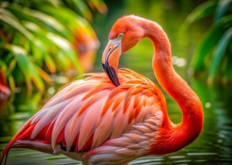 Obraz premium Elegant Pink Flamingo Preening Feathers in Natural Habitat - Stunning Wildlife Photography