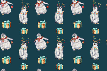 seamless watercolor pattern. cute penguins are playing on crisis. little penguins for the holidays.   Christmas. animals on Christmas