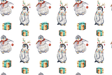 seamless watercolor pattern. cute penguins are playing on crisis. little penguins for the holidays.   Christmas. animals on Christmas