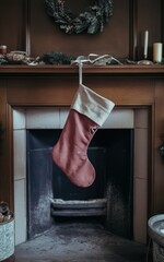 Single Red Stocking Hung Over Empty Fireplace