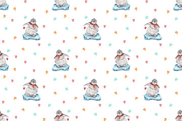 seamless watercolor pattern. cute penguins are playing on crisis. little penguins for the holidays.   Christmas. animals on Christmas
