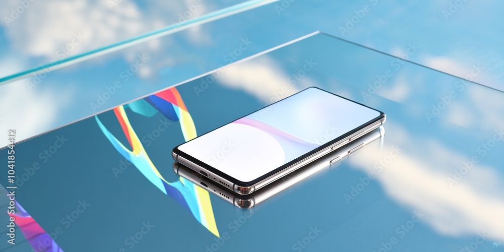 Aufkleber smartphone mockup on reflective surface with colorful accents. modern smartphone with blank screen d