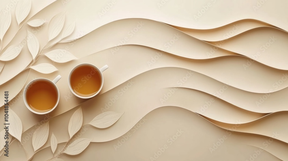 Aufkleber Cups filled with tea are surrounded by flowing lines and stylized tea leaves, creating a tranquil and inviting atmosphere. Generative AI