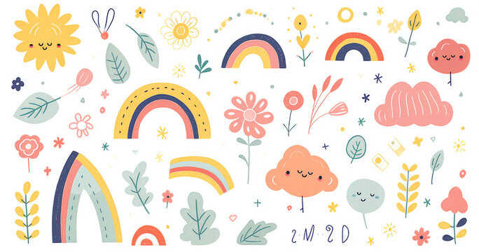 A whimsical collection of colorful nature-themed illustrations featuring flowers, rainbows, clouds, and cheerful elements isolated on white background.
