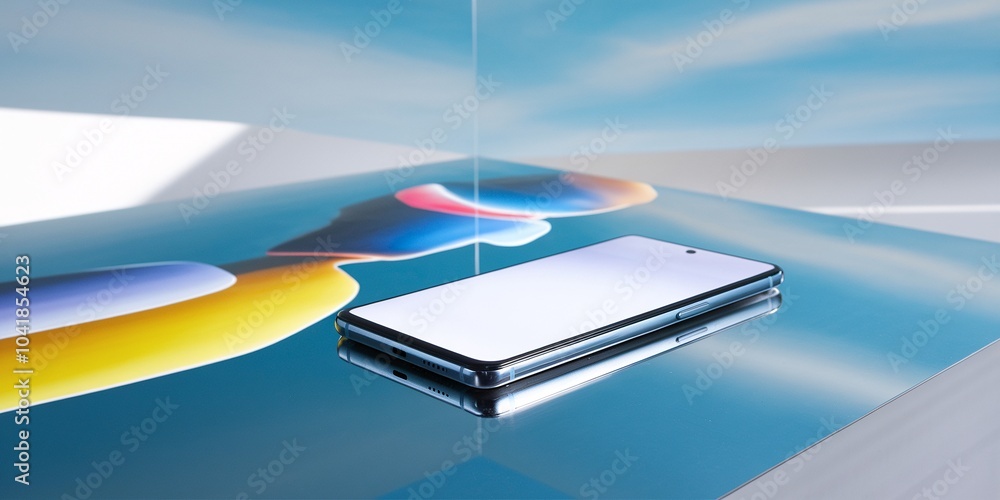 Aufkleber smartphone mockup on reflective surface with colorful accents. modern smartphone with blank screen d