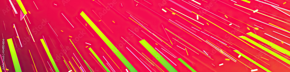 Poster bright red and pink abstract pattern with falling lime green lines