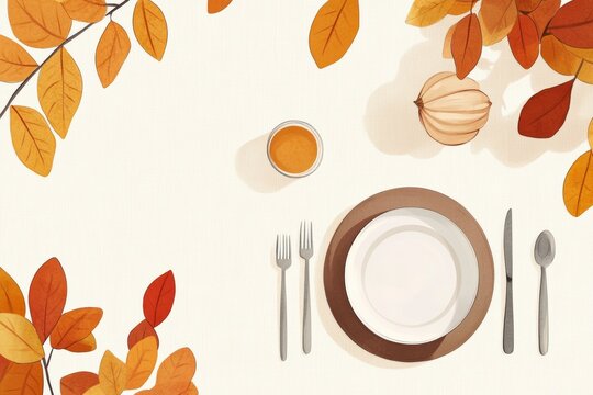Thanksgiving dinner invitation with a minimal design, showcasing simple autumn motifs and a clean layout with ample white space digital illustration