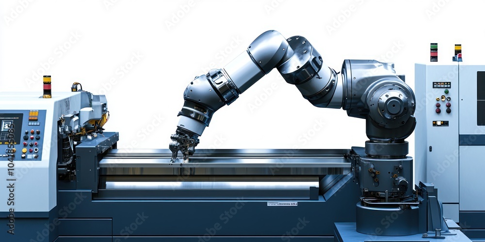 Poster a robotic arm operates a lathe machine for precision manufacturing tasks.