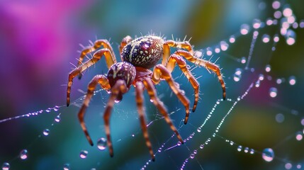 Spider on Web with Dew Drops
