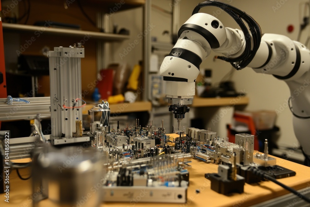 Poster a robotic arm assembling electronic components on a circuit board.